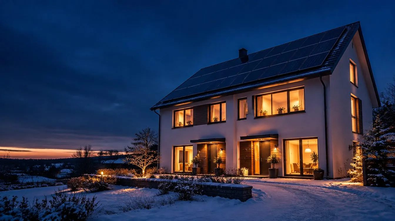 Zweifamilienhaus mit PV-Anlage an einem Winterabend – die Fenster gehen nacheinander an